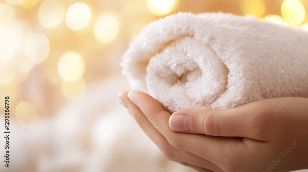 Poster Soft and Cozy Bath Towel Rolled in a Hand with Warm Bokeh Background : Generative AI