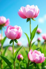 Fototapeta premium Pink peonies in a field or meadow against a bright blue sky, garden blooms, meadows