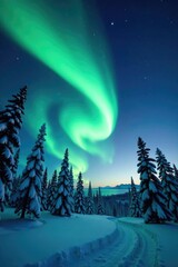 Naklejka premium Swirling aurora lights dance above snow-covered trees, winter, snowflakes, night sky
