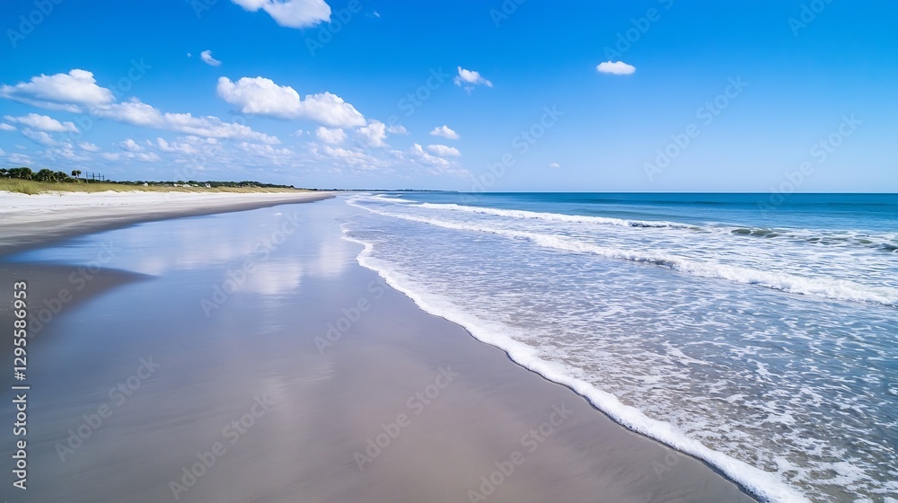 Poster tranquil beach with gentle waves lapping on the shore under a clear blue sky : generative ai
