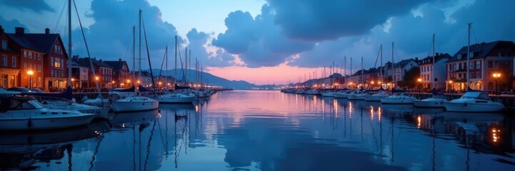 Silvery reflections dance across marina calmness, serene, blue hour, twilight