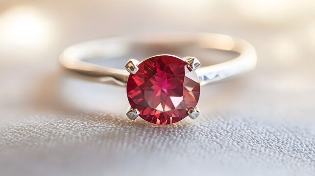 A silver ring with a large ruby gemstone, displayed on a white surface with soft lighting highlighting the stone