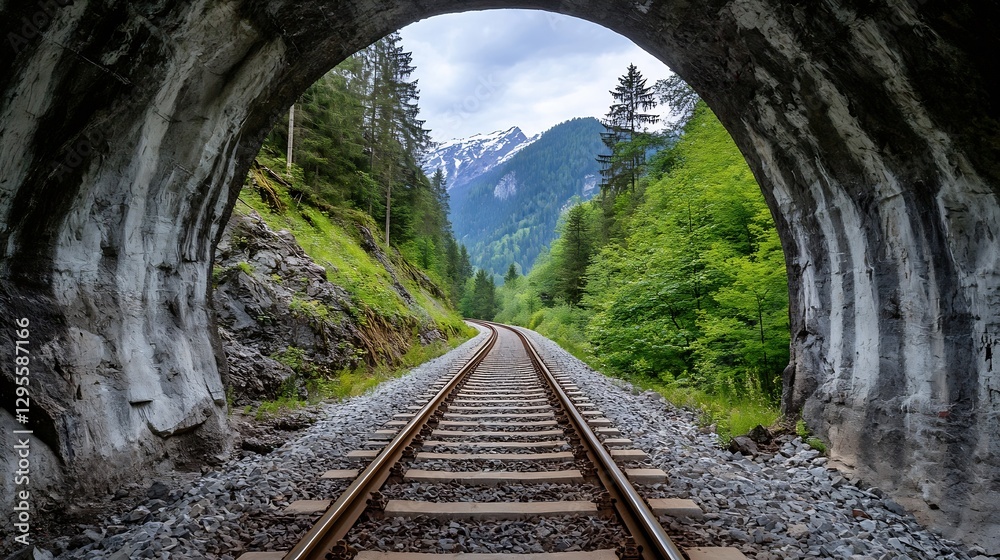 Poster scenic view through a mountain tunnel revealing a lush landscape and railway track : generative ai