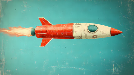 Fototapeta premium Retro Rocket Launching in Blue Sky