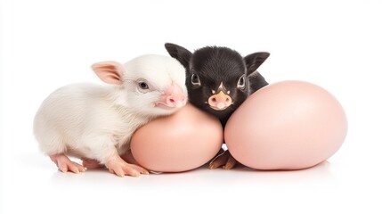 Fototapeta premium Cute Piglets Nestled Together Next to Large Pink Eggs
