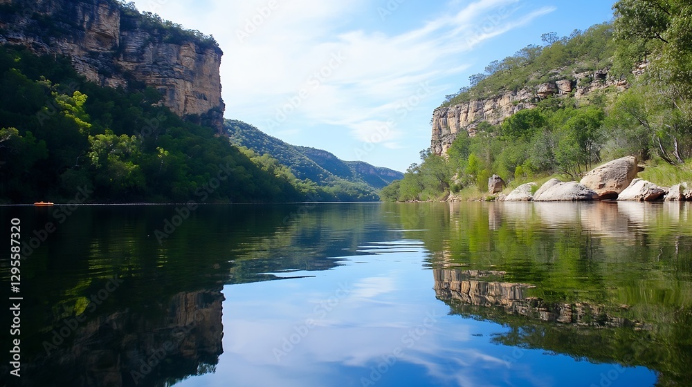 Poster serene river landscape with majestic cliffs and lush greenery reflecting on calm waters : generative