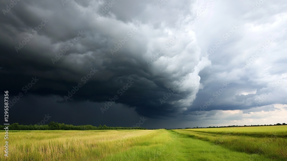 Poster dramatic dark storm clouds over lush green field creating an ominous sky : generative ai