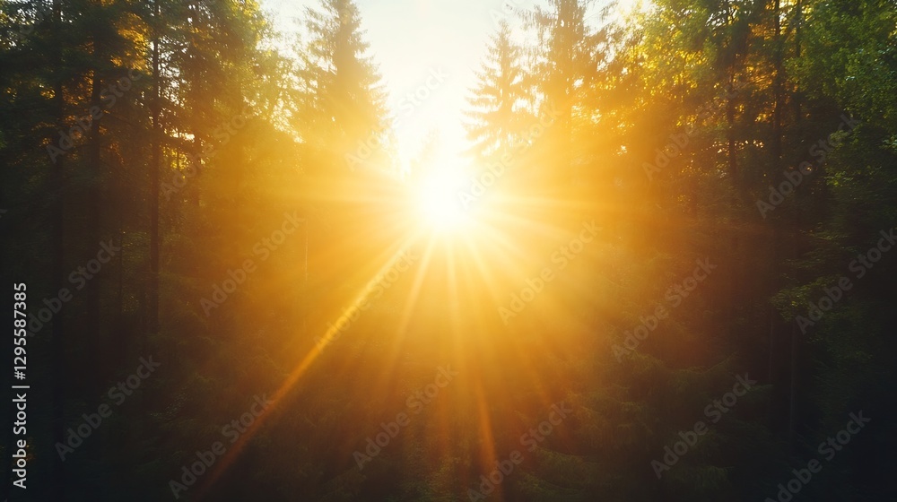 Poster bright sunlight peeking through forest trees at dawn : generative ai