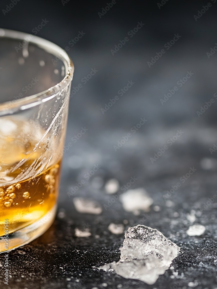 Poster Close Up of Glass with Whiskey and Ice on Dark Background with Reflections : Generative AI