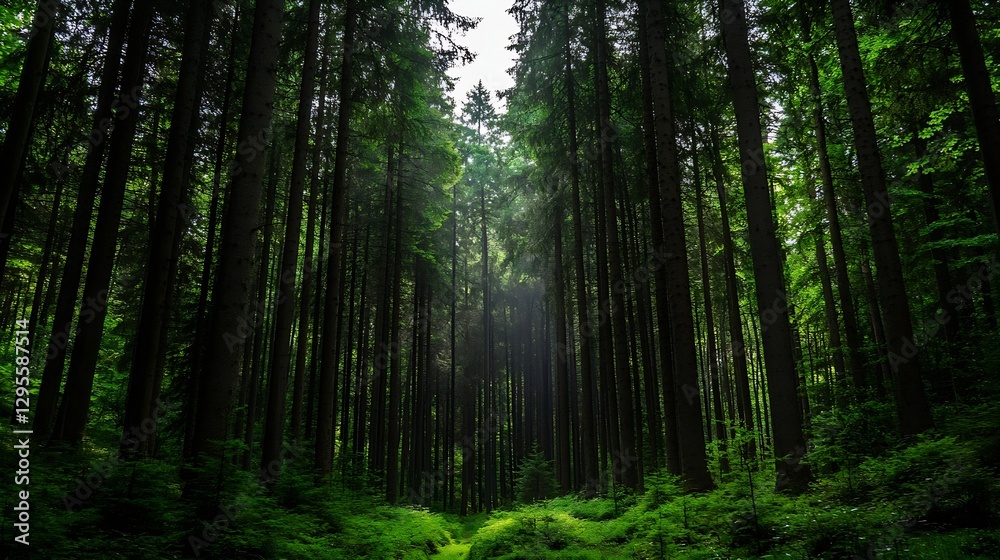 Poster majestic view of tall trees reaching for the sky in a dense forest with vibrant green foliage : gene
