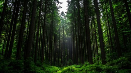 Obraz premium Majestic view of tall trees reaching for the sky in a dense forest with vibrant green foliage : Generative AI