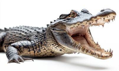 Fototapeta premium Close-up of a Crocodile with Open Mouth, Showcasing Sharp Teeth and Textured Skin in a Light Background Ideal for Nature and Wildlife Themes