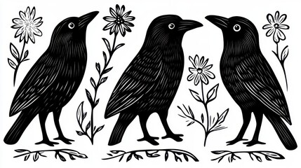 Fototapeta premium Black Birds with Floral Elements in Vintage Style Illustration