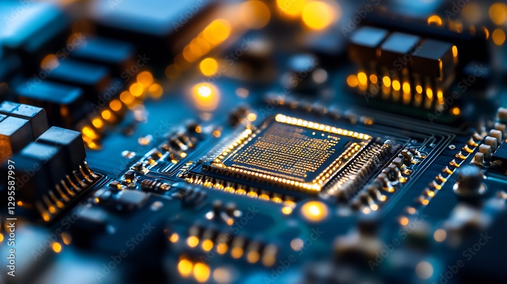 Poster Close up view of a modern microchip surrounded by circuit board components and glowing lights : Generative AI