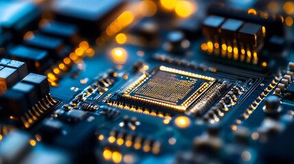 Obraz premium Close up view of a modern microchip surrounded by circuit board components and glowing lights : Generative AI