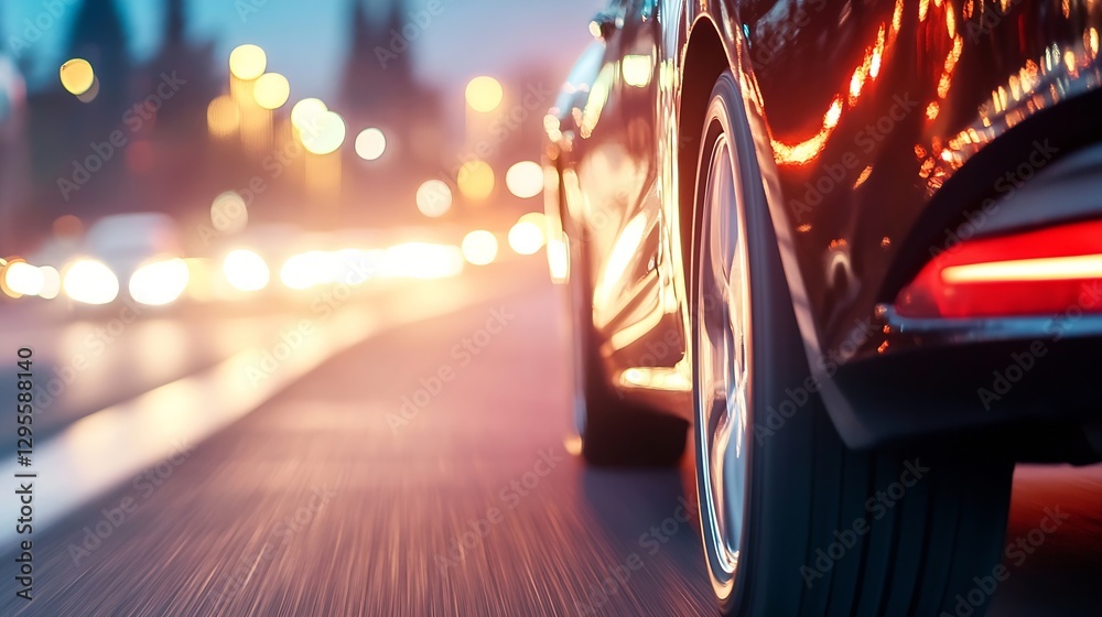 Aufkleber close up of tire on road with blurred lights in urban environment at dusk : generative ai