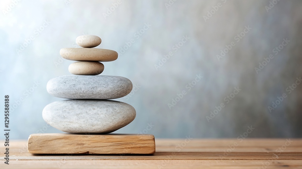 Poster artistic arrangement of smooth stones stacked in a serene manner symbolizing balance and harmony : g