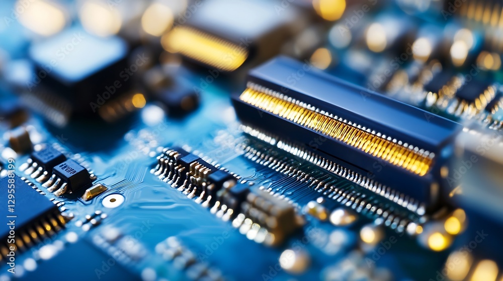Poster Detailed Close-Up of a Microchip and Circuit Board with Advanced Components : Generative AI