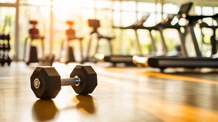Fototapeta premium Single dumbbell resting on a wooden floor in a sunlit gym setting emphasizing a personal workout space : Generative AI