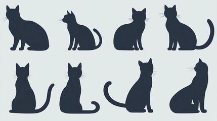 Naklejka premium Eight cat silhouettes in various sitting poses.