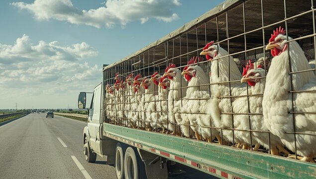 White Chickens in Transport Truck on Rural Highway