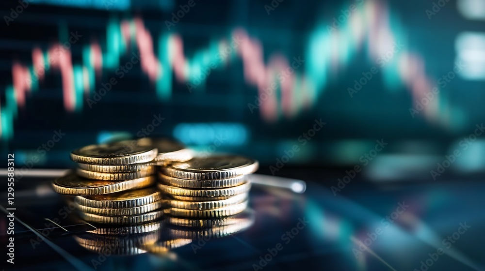 Aufkleber Finance concept of stacked coins with a background of stock market graph indicating investment growth : Generative AI