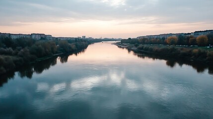 Fototapeta premium Serene River Reflection at Dawn with Soft Light Over Calm Waters and Lush Surroundings : Generative AI