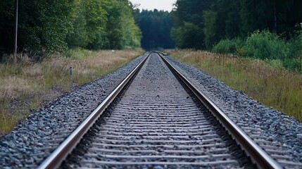 Fototapeta premium Beautiful perspective of a railway track leading through a lush green landscape under a clear blue sky : Generative AI