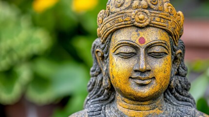 Fototapeta premium Serene Stone Buddha Sculpture with Vibrant Green Background