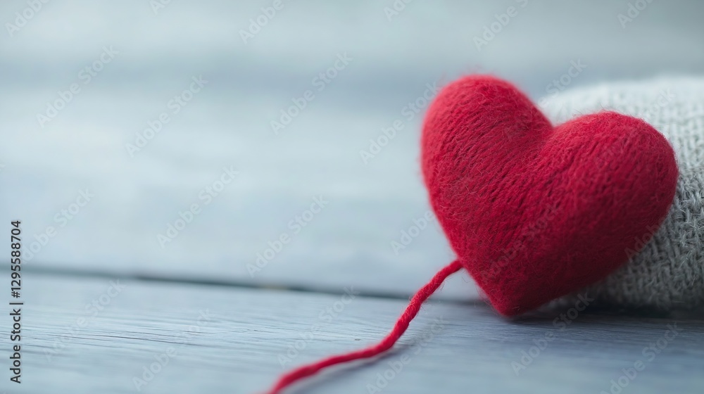 Poster Soft plush red heart lying on a textured surface representing love and care in a minimalistic setting : Generative AI