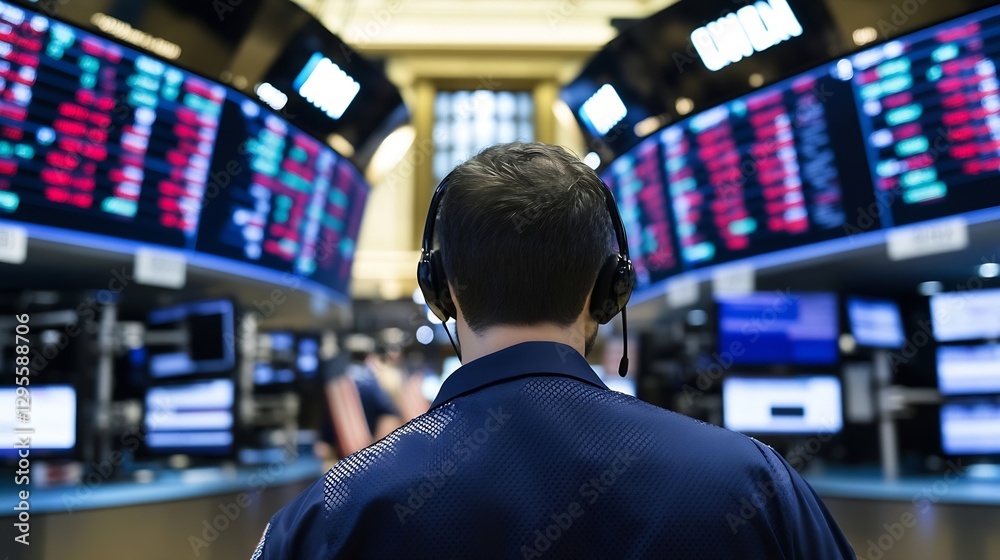 Poster Stock Market Trader Analyzing Live Data on Digital Display Screens with Financial Charts : Generative AI