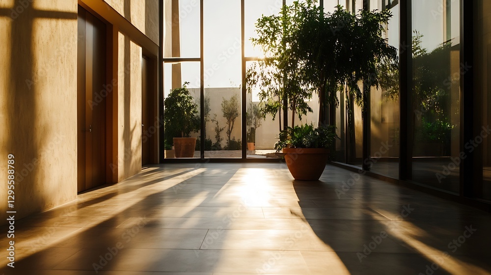 Poster inviting indoor space filled with natural light showcasing plants and shadows in a modern serene env