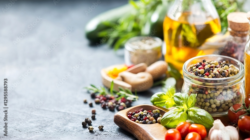 Poster variety of spices oils and fresh vegetables arranged on dark textured surface for cooking and gastro