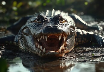 Obraz premium Close-Up of a Fearsome Alligator with Bared Teeth Lying in Water Surrounded by Lush Greenery in a Natural Habitat Setting