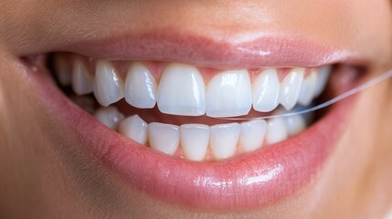 Obraz premium Oral care gum protection essential. Bright smile showcasing healthy teeth with dental floss in use.