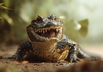 Obraz premium Close-Up of a Fierce Alligator with Exposed Teeth in Its Natural Habitat Showcasing Intricate Scales and a Menacing Expression