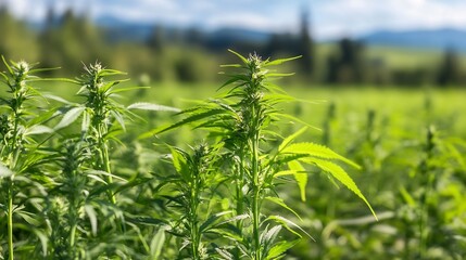 CloseUp View of Green Hemp Plants Growing Vibrantly Underneath a Bright Blue Sky : Generative AI