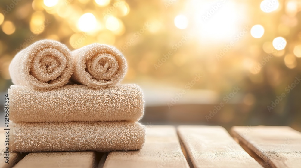 Poster stack of neatly rolled towels in sunlight on a wooden surface for home relaxation and wellness : gen