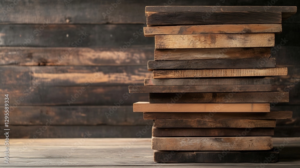Aufkleber stack of rustic wooden planks against a textured dark wall for craft and design : generative ai