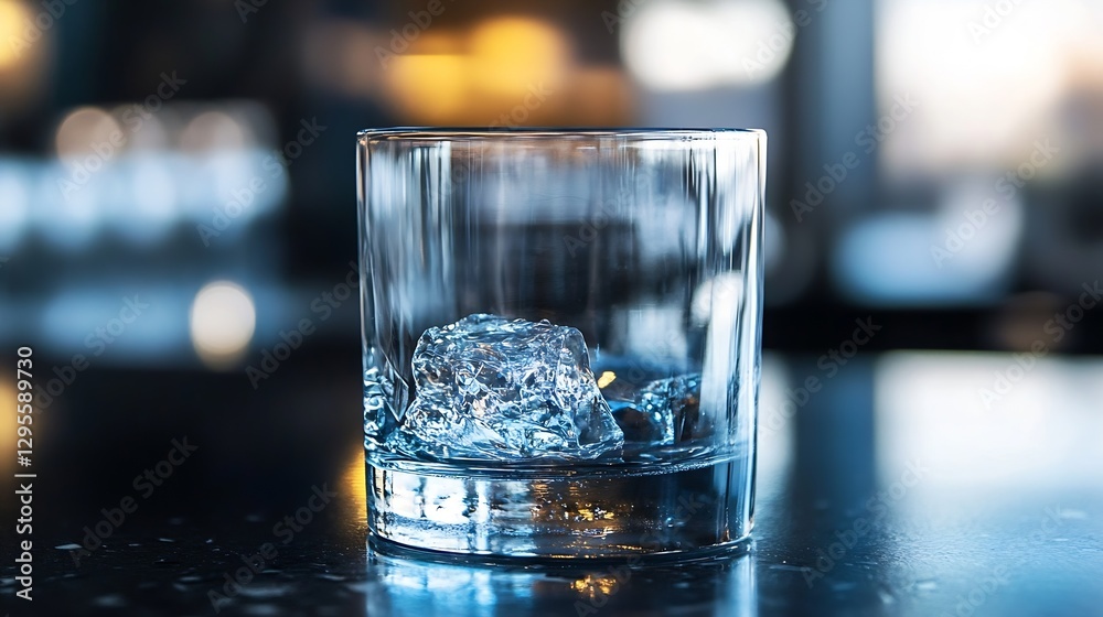 Poster cool glass of whiskey on the rocks reflecting ambient light in stylish bar : generative ai
