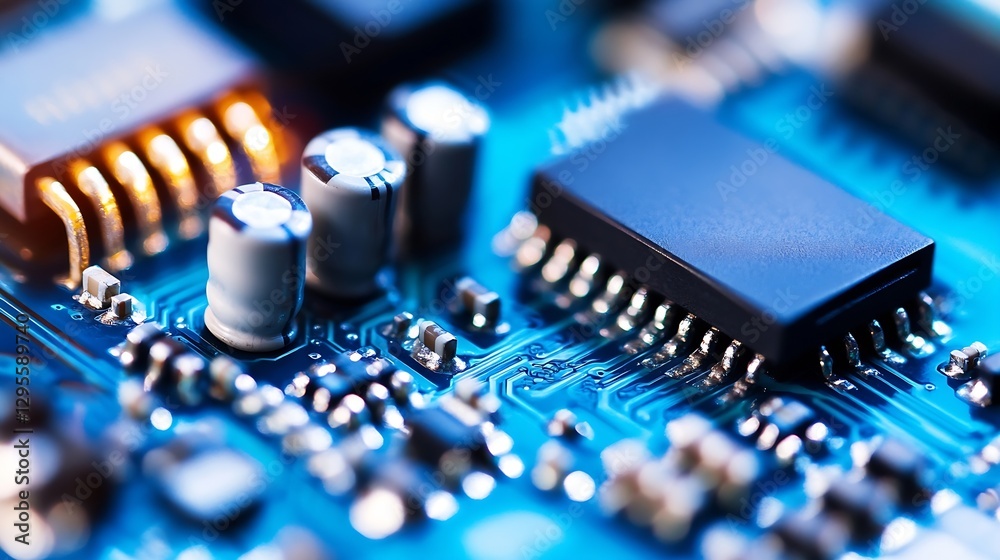Poster Detailed Close Up of Computer Chip and Capacitors on a Circuit Board : Generative AI