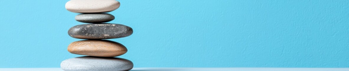 A soothing arrangement of balanced stones on a blue background, symbolizing tranquility and harmony, perfect for wellness and spa themes.