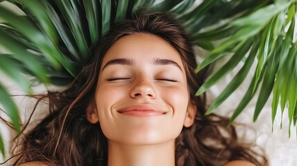 Relaxed young woman enjoying a serene moment amidst green tropical leaves exuding calmness and beauty : Generative AI
