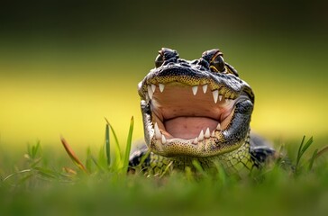 Obraz premium Close-up of a Grinning Crocodile Surrounded by Lush Green Grass Under Natural Light Showcasing Detail and Natural Behavior in Wildlife Habitat