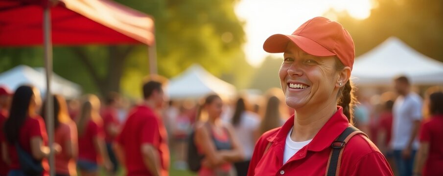 Smiling volunteer in red at sunny outdoor event, outdoor activity, activity