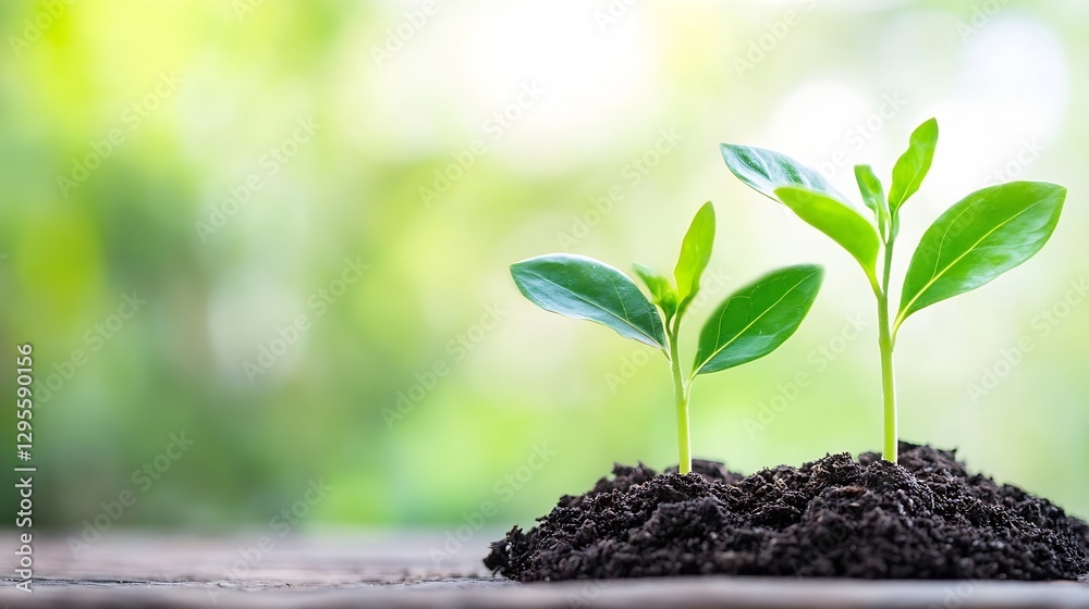 Poster fresh green sprouts growing from dark soil in sunlight creating hope for growth : generative ai