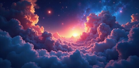Swirling clouds and twinkling stars in a vast cosmic landscape with a glowing nebula, expansive, stars, space