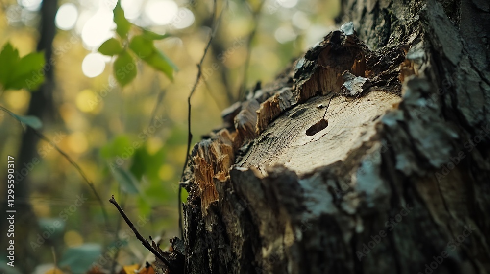 Aufkleber Close up view of a tree stump displaying growth rings in a serene forest setting with soft sunlight : Generative AI