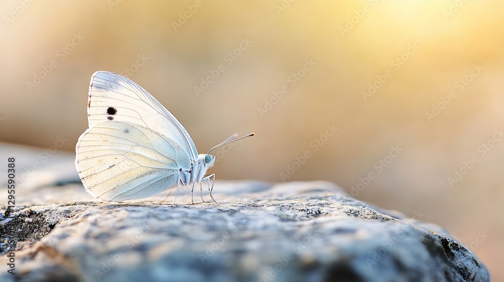 Poster delicate white butterfly resting on a rock with a soft blurred background in pastel hues : generativ