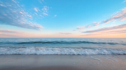 Fototapeta premium Serene seaside view at dusk with gentle waves lapping against a tranquil sandy beach : Generative AI